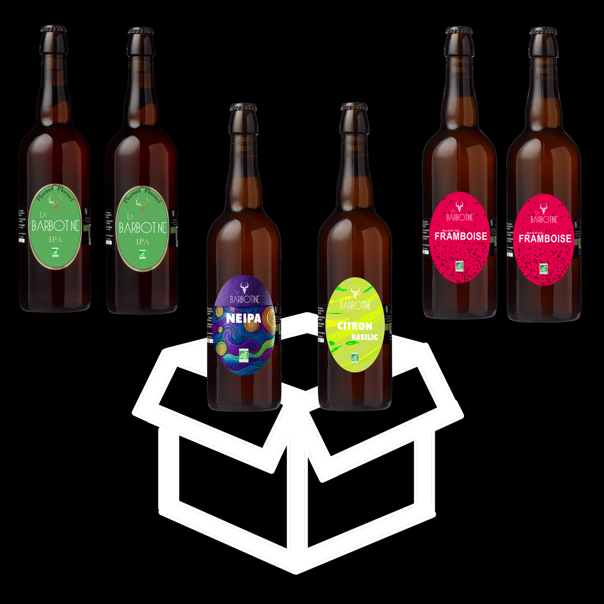 Colis panaché "DECOUVERTE" 6 bouteilles 75cl : 2 IPA - 2 Framboise - 1 NEIPA - 1 Citron basilic